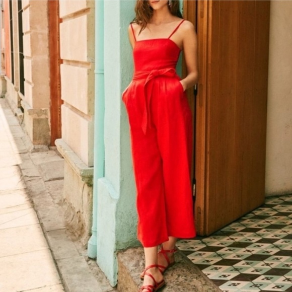 J. Crew Pants - J. Crew Tie Waist Red Linen Cropped Jumpsuit